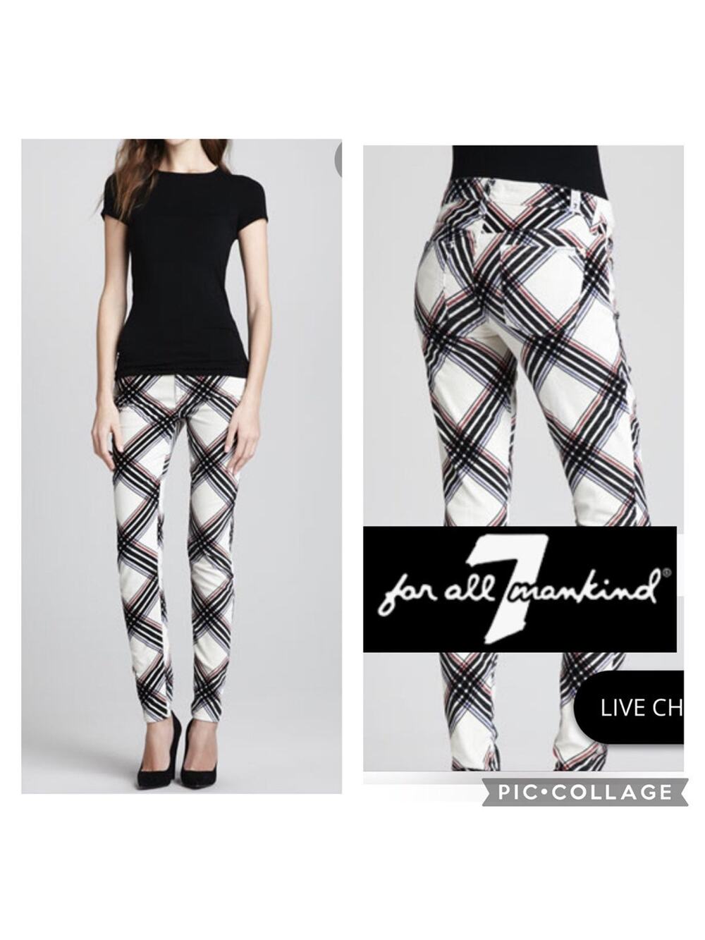 7 for all mankind Skinny Cream Velvet & Black Plaid Hoilday Pants size 27